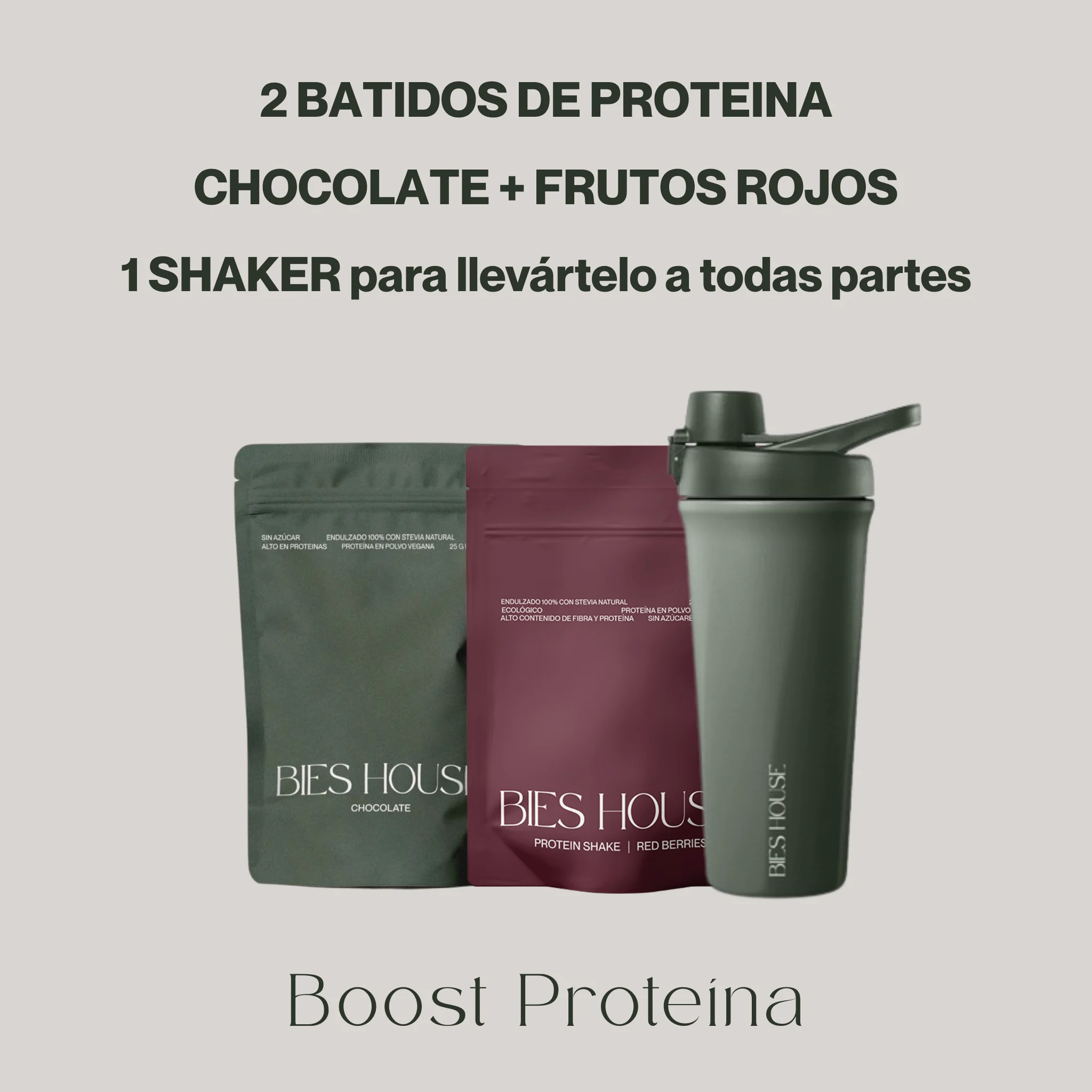 BOOST PROTEÍNA (Chocolate + Frutos Rojos + Shaker)