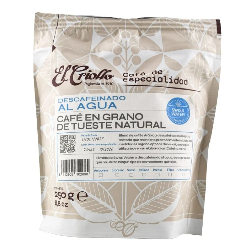 Café en grano descafeinado al agua El Criollo 250 g