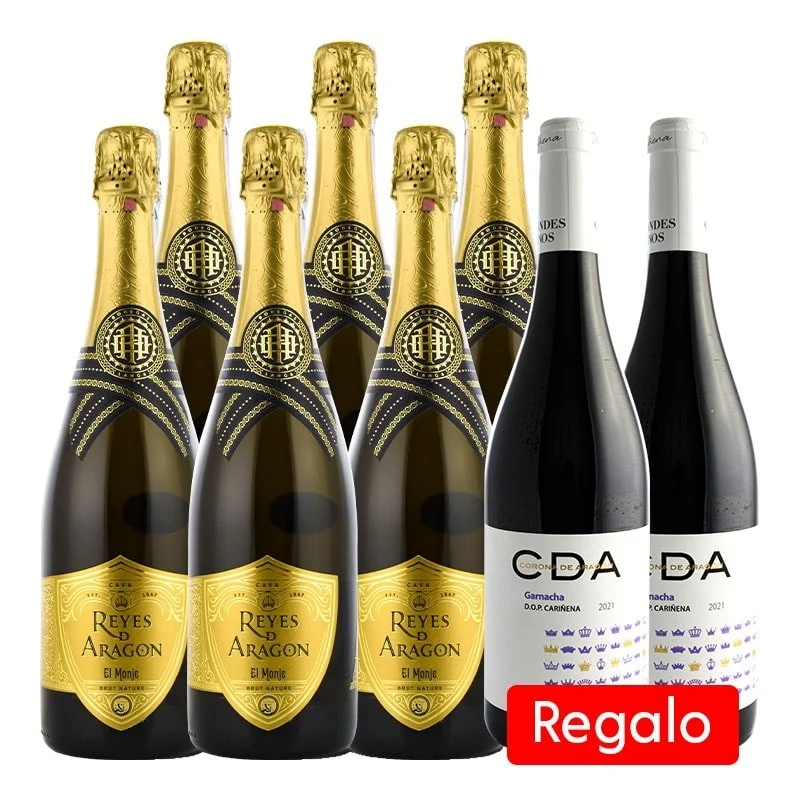 Cava Reyes de Aragón Brut Nature pack 6 botellas + Regalo Tinto joven Corona de Aragón 2 botellas