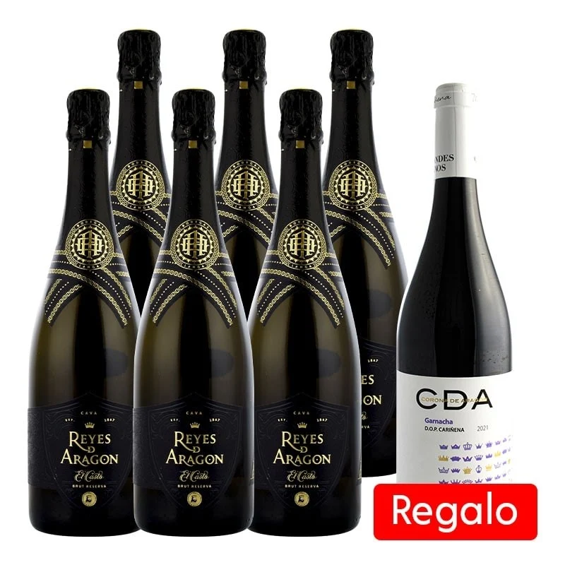 Cava Reyes de Aragón Brut Reserva pack 6 botellas + Regalo Tinto joven Corona de Aragón