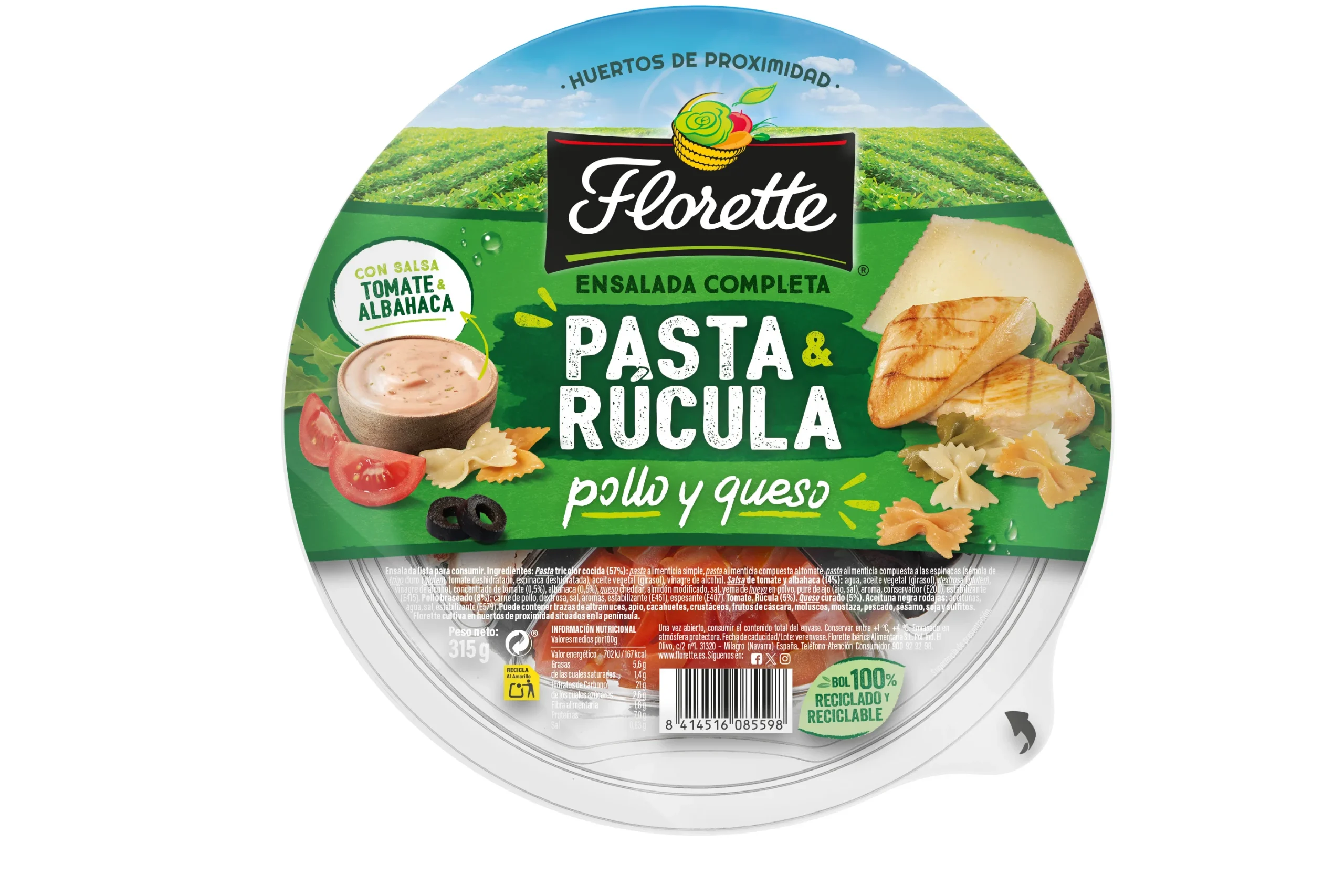 Ensalada pasta y rúcula con pollo y queso Florette 325g