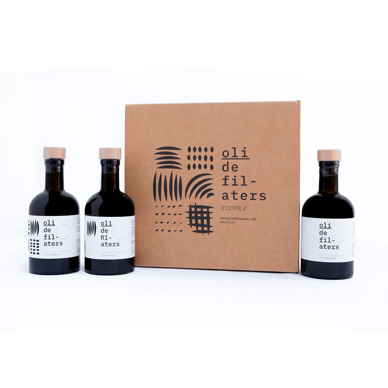 Estuche 3 AOVES Blanqueta, Alfafarenca y Coupage de Oli de Filaters, 250 ml