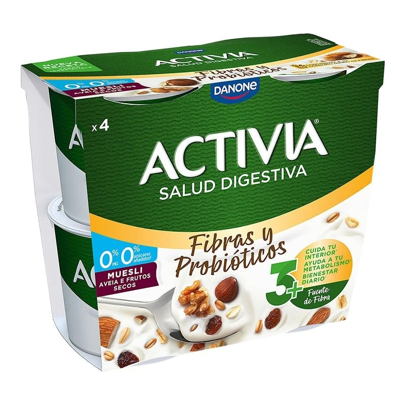 Yogur con muesli sin azúcares añadidos 0% m.g. Activia Fibras y Probióticos pack 4x115 g